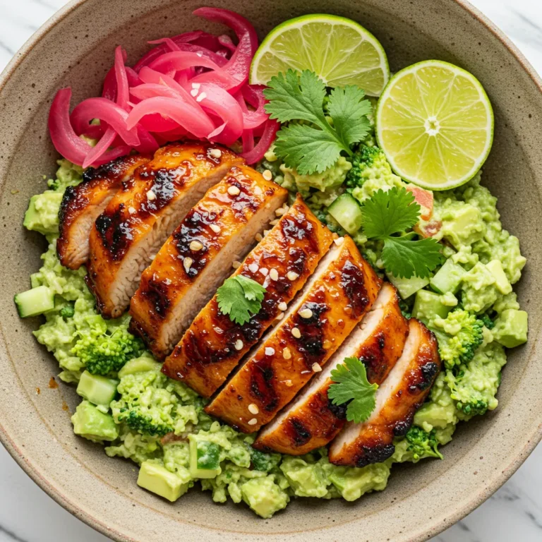 Sweet Smoky Grilled Chicken Bowl with Broccoli Cucumber Guac Rice