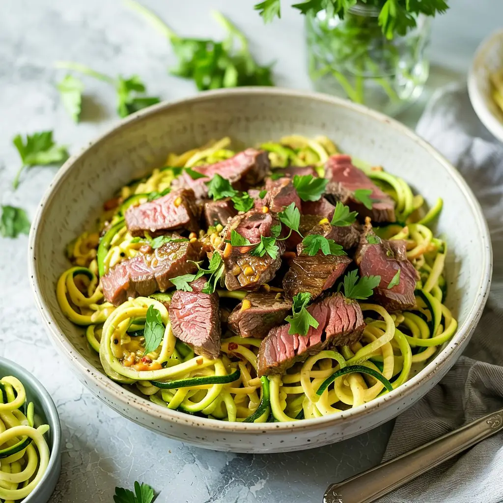 Garlic Butter Steak Bites with Zucchini Noodles