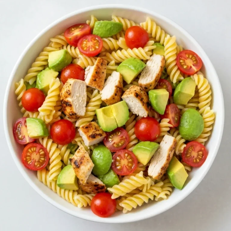 Healthy Chicken Pasta Salad with Avocado, Tomato, and Basil