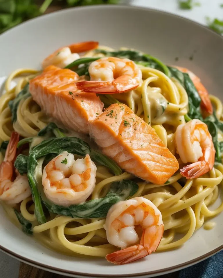 Butter Salmon Shrimp with Creamy Spinach Linguine